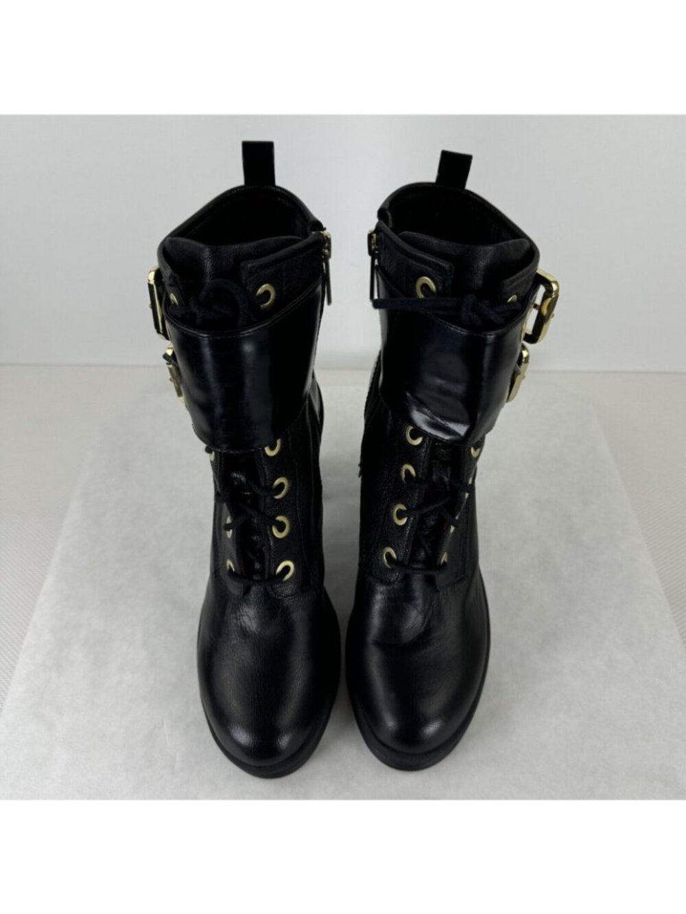 Guess Finlay Black Side Zip High Heel Leather Boots Womens Sz 8.5M Buckle Strap - Picture 9 of 16